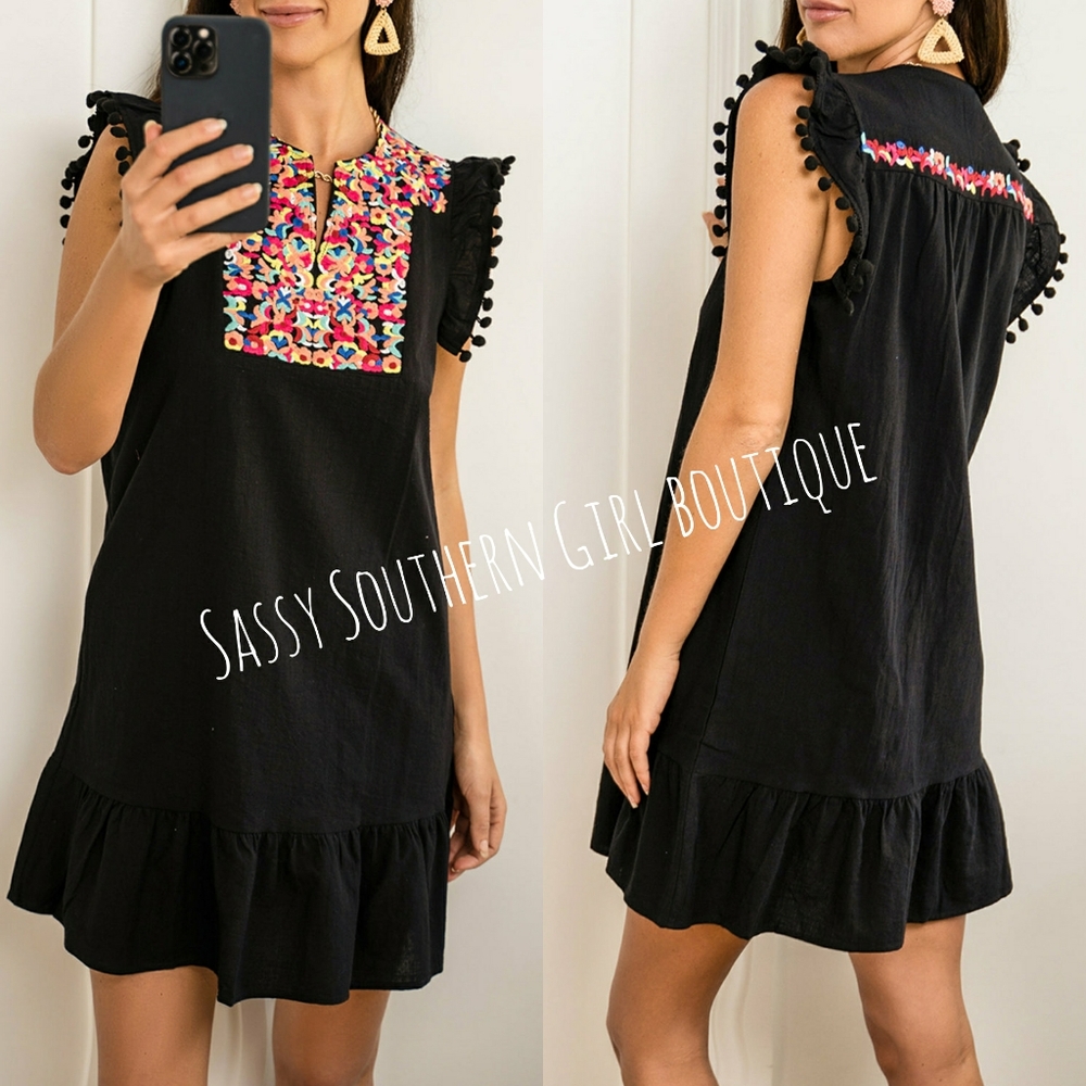 🆕⭐ Boho black embroidered Mexican pom pom mini dress